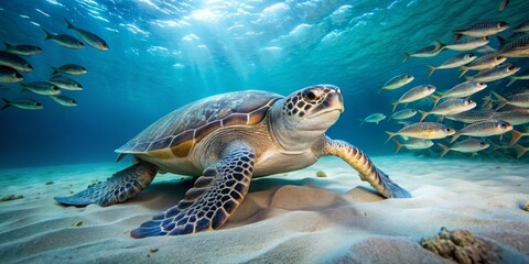 Obraz premium Majestic Sea Turtle Swimming Among Schools of Tropical Fish