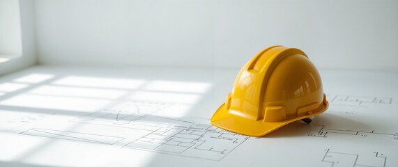Yellow Construction Helmet on Blueprints  

