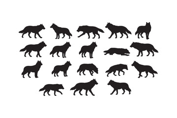 collection of wolf silhouettes in different poses, wild animal vector, predator illustration