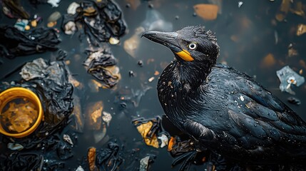 Lammergeier in Trash-Studded Water Showcasing the Impact of Pollution on Wildlife and Natural Habitats