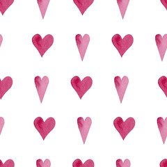 Charming pattern of small pink hearts, arranged in a repeating design. Watercolor technique enhances the gentle and romantic feel, for Valentine Day products, gift wrapping, or decorative items.