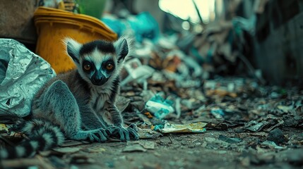 Lemur Sitting Amidst a Pile of Garbage in a Chaotic Urban Environment Captured in Wide Angle