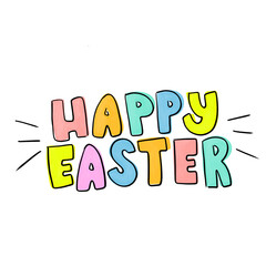 cute happy easter text word in colorful bright vibrant pastel color with moustache doodle hand written kids children png transparent digital planner sticker clipart cutout