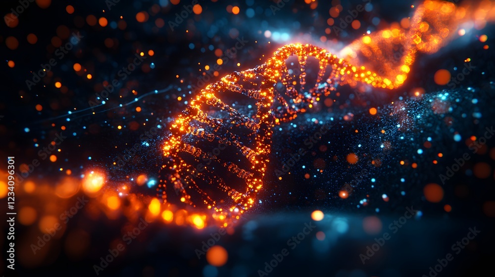 Poster 3d rendering of dna with molecular chemical structures and animated biological data streams set agai