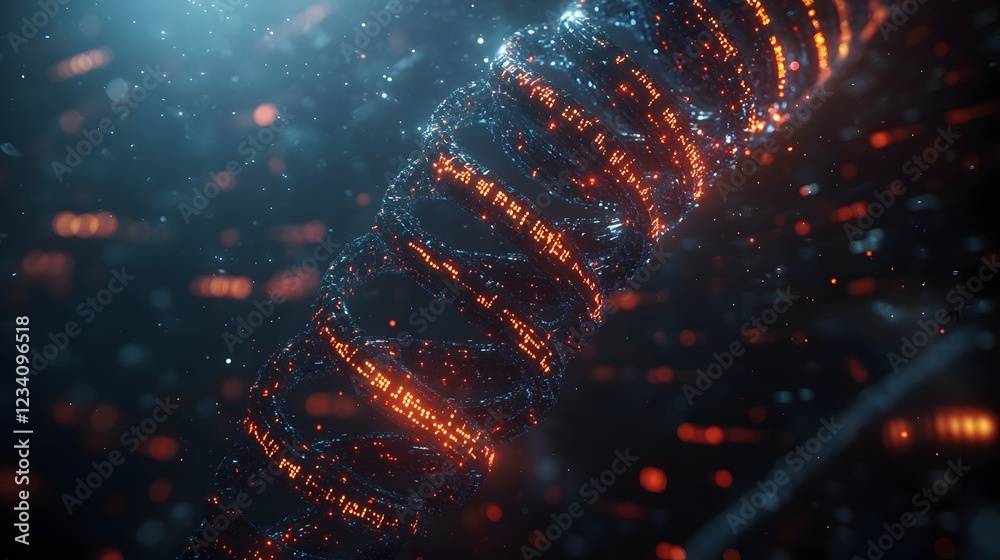 Poster 3d rendering of dna with molecular chemical structures and animated biological data streams set agai