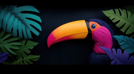 Obraz premium Vibrant Tropical and Exotic Close up of a toucan with its vibrant beak and colorful feathers, perched on a branch