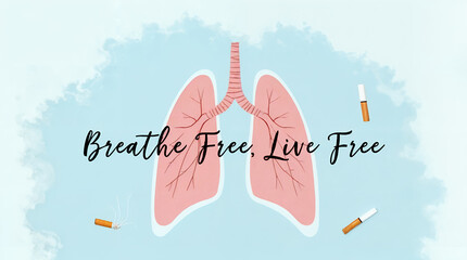 Anti-smoking awareness poster with human lungs and the message "Breathe Free, Live Free," promoting health, clean air, and a tobacco-free lifestyle for public health consciousness.