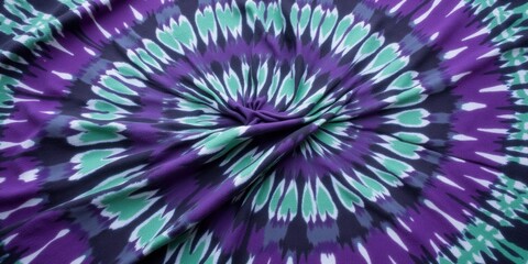 Close-up of vibrant purple and green tie-dye fabric featuring delicate swirls and curves in an intricate circular pattern, evoking dynamic motion and texture