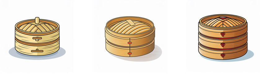 Three bamboo steamers of varying sizes and layers shown.  Perfect for steaming dumplings or buns.
