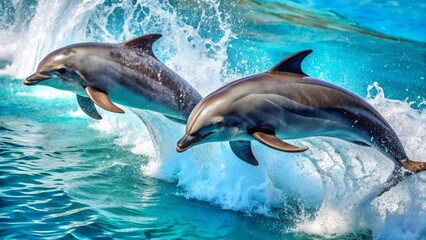 Obraz premium Two Dolphins Jumping Gracefully Above Bright Blue Ocean Waves
