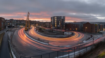 Urban Sunset Panorama: Light Trails and Cityscape at Dusk