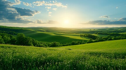 Obraz premium Bright Summer Sunset Over Lush Green Fields