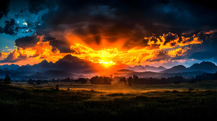 Naklejka premium Fiery sunset over mountain range, meadow; nature scene