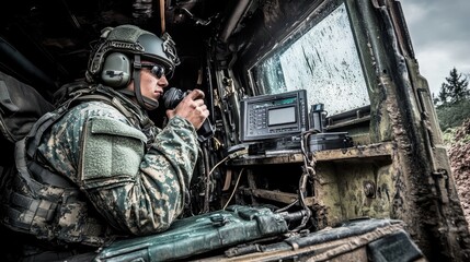 Soldier Communicating Inside Military Vehicle