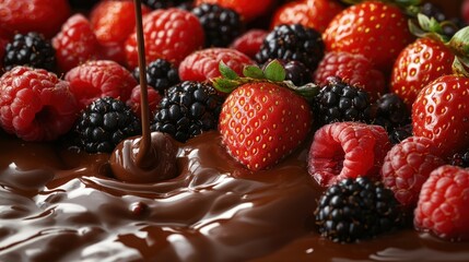 Chocolate pouring over berries; dessert, food photography, close-up
