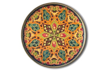 Top view of a decorative bronze plate featuring a vibrant, symmetrical floral pattern with rich hues of orange, green, blue, and red, showcasing traditional craftsmanship and artistic elegance.
