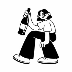 Cartoon Character Holding a Bottle and Glass of Wine in Playful Pose