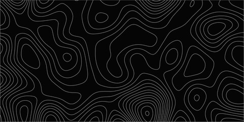 Abstract white on black background with Topographic line map pattern. abstract wavy and curved lines background. linear map. Dark seamless design. Bold tile able isolines pattern. Vector illustration.