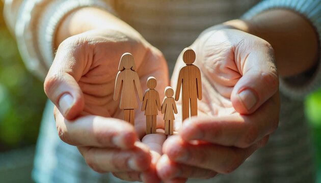Hands cradling wooden family figurines symbolizing love and unity