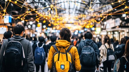 Fototapeta premium Illuminated City Street: A Crowd of Travelers