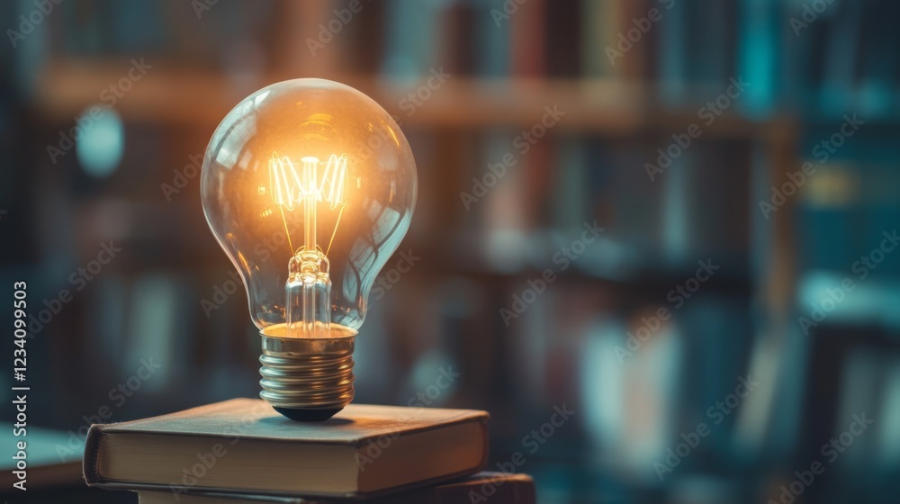 Poster a glowing light bulb rests on a book, symbolizing ideas and knowledge, with a blurred library backdr