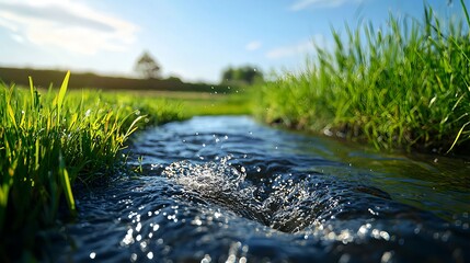 Fototapeta premium Bright Sunlight on a Flowing Stream in a Green Meadow
