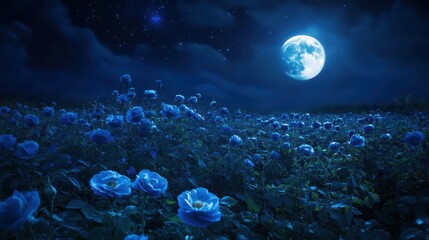 Night scene Blue roses field under full moon. Romantic background for cards