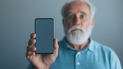 Senior Man Holding Smartphone: A senior man with a white beard and mustache looks surprised while holding up a smartphone with a blank screen in front of him. His expression evokes a sense of wonder.