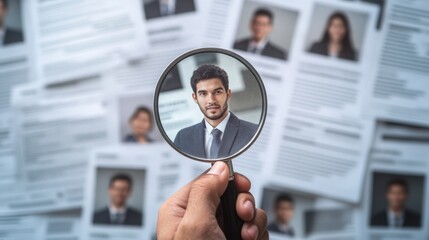 Fototapeta premium A magnifying glass focuses on a man's resume among many others, highlighting the job search process and the importance of candidate selection.