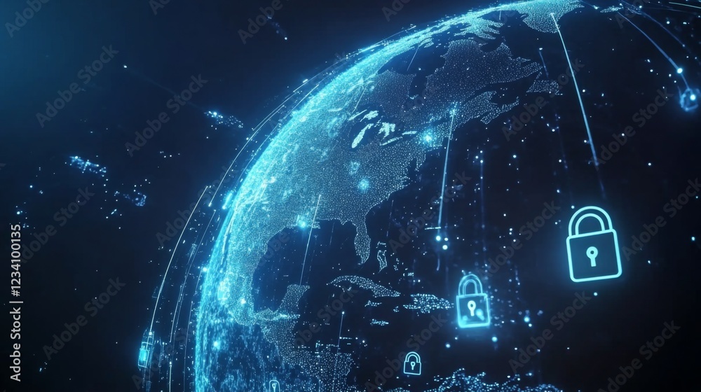 Poster a digital representation of earth featuring glowing lock icons, symbolizing cybersecurity and global