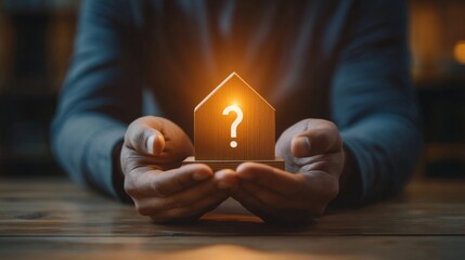 A person holds a glowing house-shaped symbol with a question mark, representing uncertainty or inquiry about homeownership or real estate decisions.