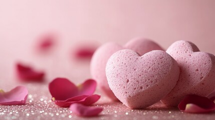 Obraz premium Soft Pink heart shaped Bath bombs with rose petals nearby on pink glitter background, copy space for text. Concept: beauty eco product, advertising photo, spa and relax, aromatherapy, Valentine's Day