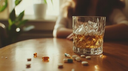 A glass of whiskey with ice sits on a wooden table, accompanied by scattered pills, suggesting themes of relaxation and potential substance use.
