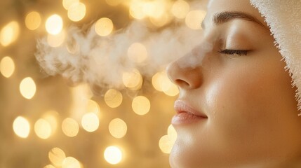 Fototapeta premium Spa Facial Treatment Esthetician steaming a client face, soft lighting, focus on the steaming process and the client relaxed expression