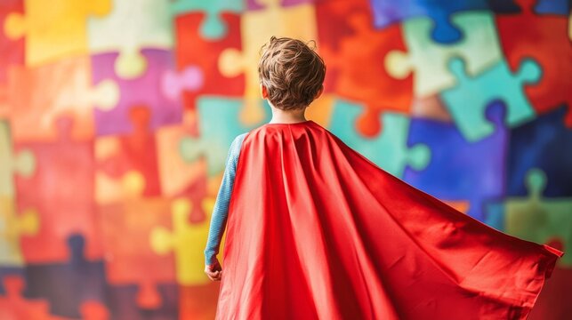 A child in a red cape stands heroically against a colorful puzzle-piece backdrop, embodying imagination and playfulness.