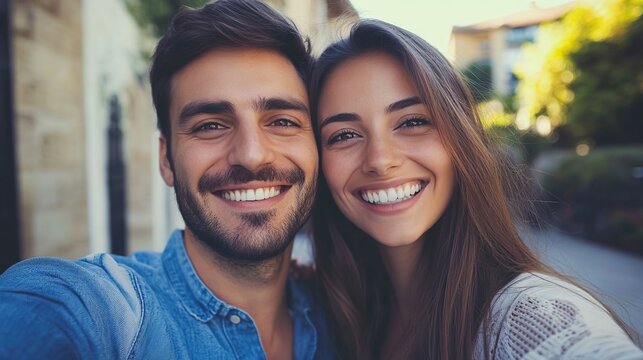 A happy couple smiles taking a selfie together outdoors