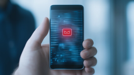 Smartphone Security Breach: A hand holds a smartphone displaying a warning sign over a backdrop of digital code, symbolizing a critical security threat or system failure.