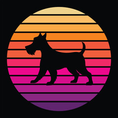 Obraz premium Welsh Terrier Dog Silhouette With sunset retro illustration Vector, Dog vintage sunset retro background