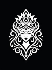 Intricate Tribal Goddess Face Design with Decorative Elements and Symmetrical Patterns
