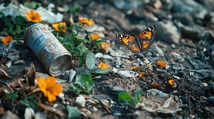 Fototapeta premium Colorful Moth Flying Over Garbage Surrounded by Orange Flowers in Nature's Contrast