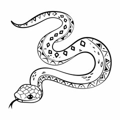 Stylized Snake with Geometric Patterns and Intricate Scales in Line Art