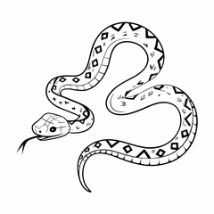 Stylized Snake with Geometric Patterns and Intricate Scales in Line Art