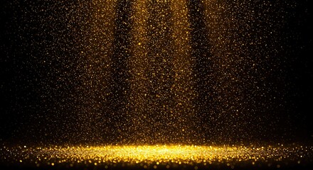 Fototapeta premium Luxurious beautiful dark black and gold bokeh light effect background with shimmer, golden god rays, abstract glitter lights. Defocused, blurred. Ideal Product Scene Mockup or Christmas background 
