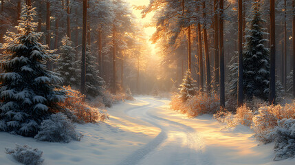 A painting of a snowy forest with a road in the middle. The trees are bare and the sky is cloudy