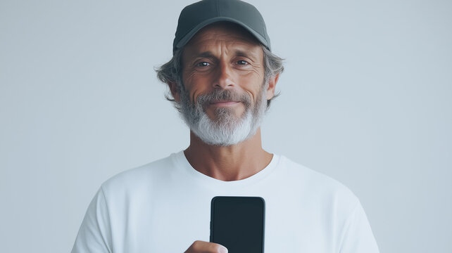 Mature Man Holding Smartphone: A mature man with a salt and pepper beard and a grey baseball cap holds a smartphone with a black screen.