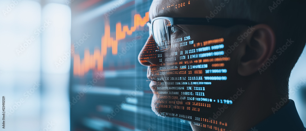 Poster code & vision: a programmer gazes intently at a screen filled with lines of code, the digital langua