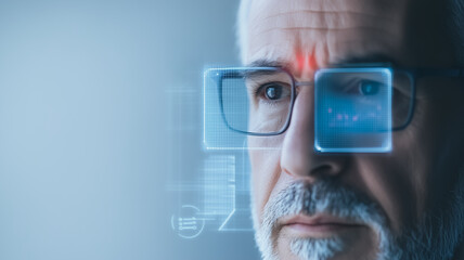 The Human Interface: A man gazes thoughtfully into the distance, digital information projected onto his glasses in an ethereal blue hue.
