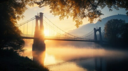 Obraz premium Misty Sunrise over Suspension Bridge