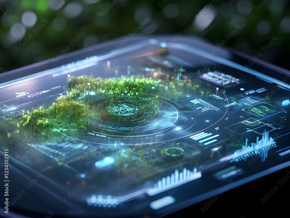 Poster a futuristic tablet displaying dynamic graphics of a green environment, showcasing intricate data vi
