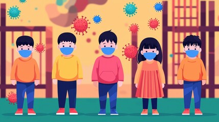 A colorful illustration of children wearing masks, promoting health awareness and safety during a pandemic.